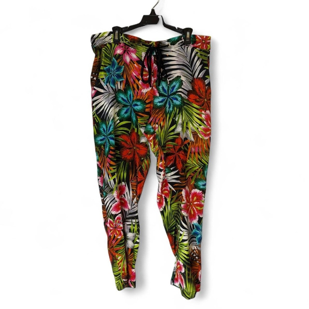 NWT Language Tropical Print 100% Silk Capri Vacation Cruise Jogger Pants, Size M